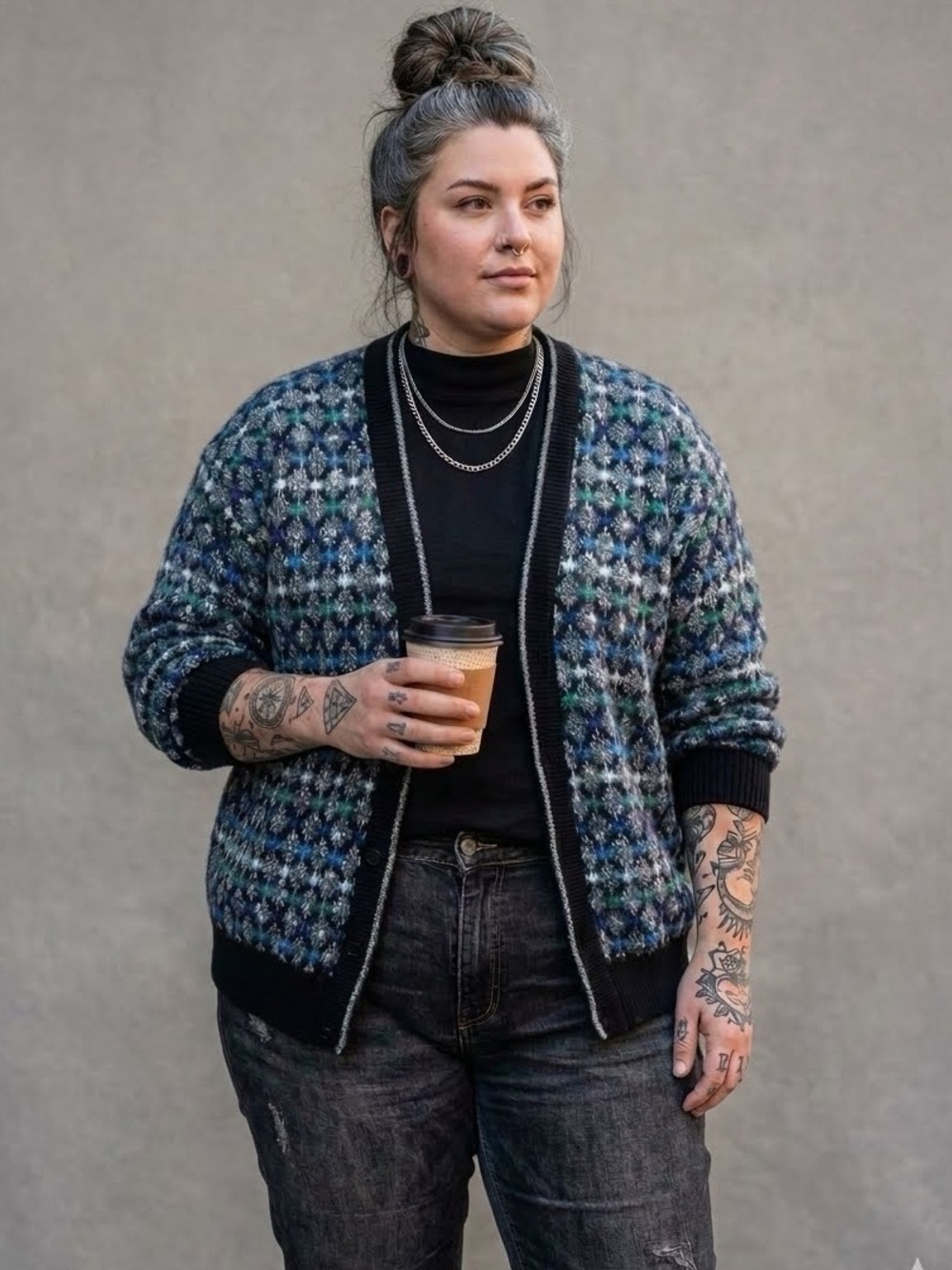VTG 90s Expressions International Cardigan Knit Sweater XL Grunge Indie Boho